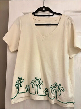 Talbots Embroidered Palm Tree V-Neck Tee Cream & Green Large